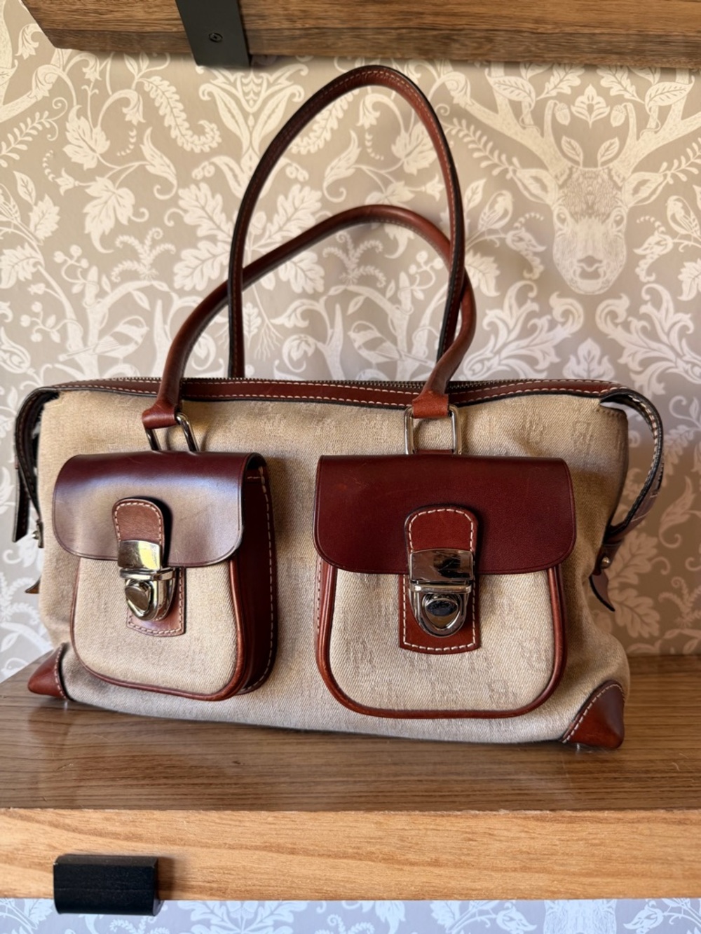 Dooney & Bourke Anniversary Signature Double Pocket Satchel EUC Taupe Brown Slvr